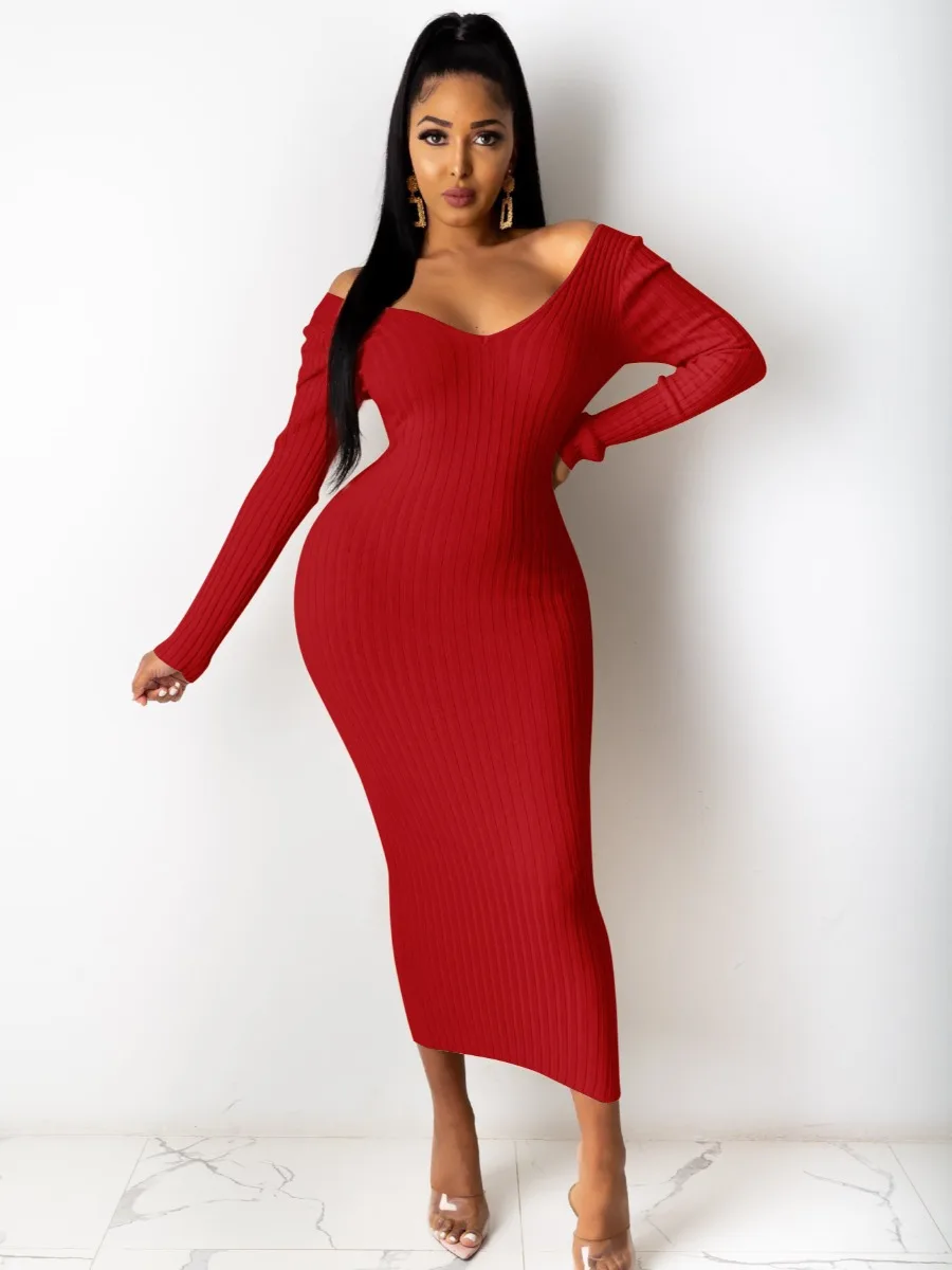 LW BASICS Slim Deep V Neck Rib Knit Bodycon Dress Plain Red Mid Dresses Long Sleeve Skinny Wrapped Skirt Sexy Partywears