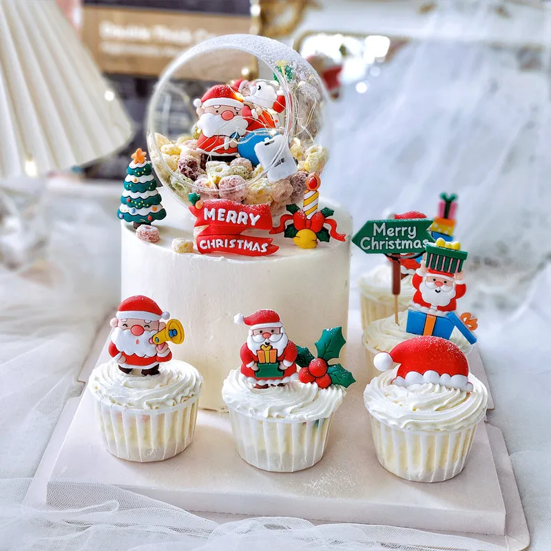 

Transparent Ball Christmas Cake Topper Santa Claus Snowman DIY Happy Birthday Cake Topper for Kids Xmas Party Dessert Decoration