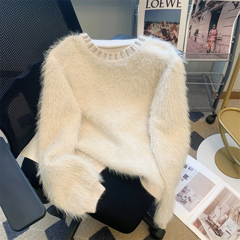 New Diamond O Neck Mink Mohair Sweater Women Soft Warm Wool Cashmere Knit Pullover Autumn Winter Loose Casual KNitwears