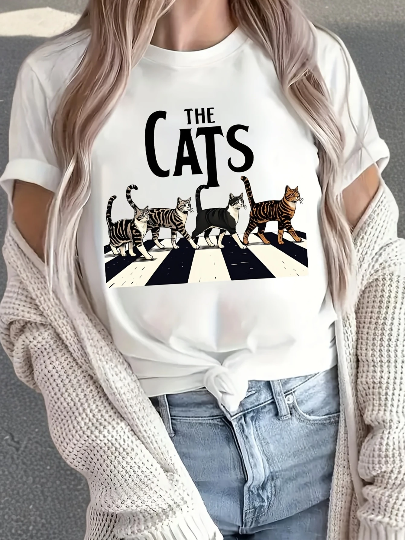 

[Ретро-футболка с котом] Футболка с рисунком ретро Cat Band | Женский повседневный топ с короткими рукавами и круглым вырезом с принтом обложки музыкального альбома