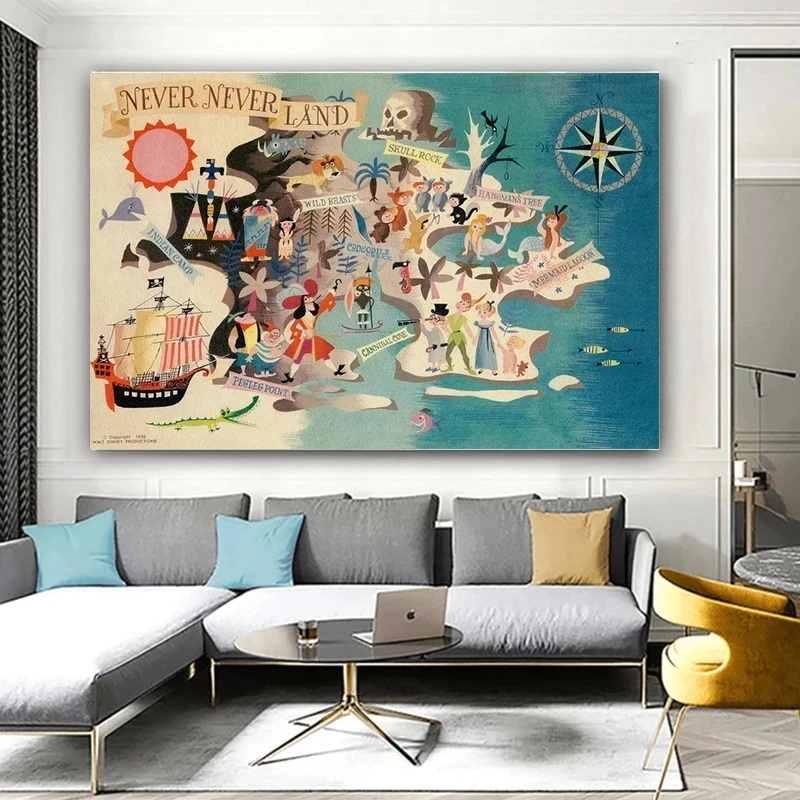 Disney Poster Peter Pan World Neverland Map Canvas Painting Wall Art Prints Kids Bedroom Nursery Home and Living Room Decor Gift