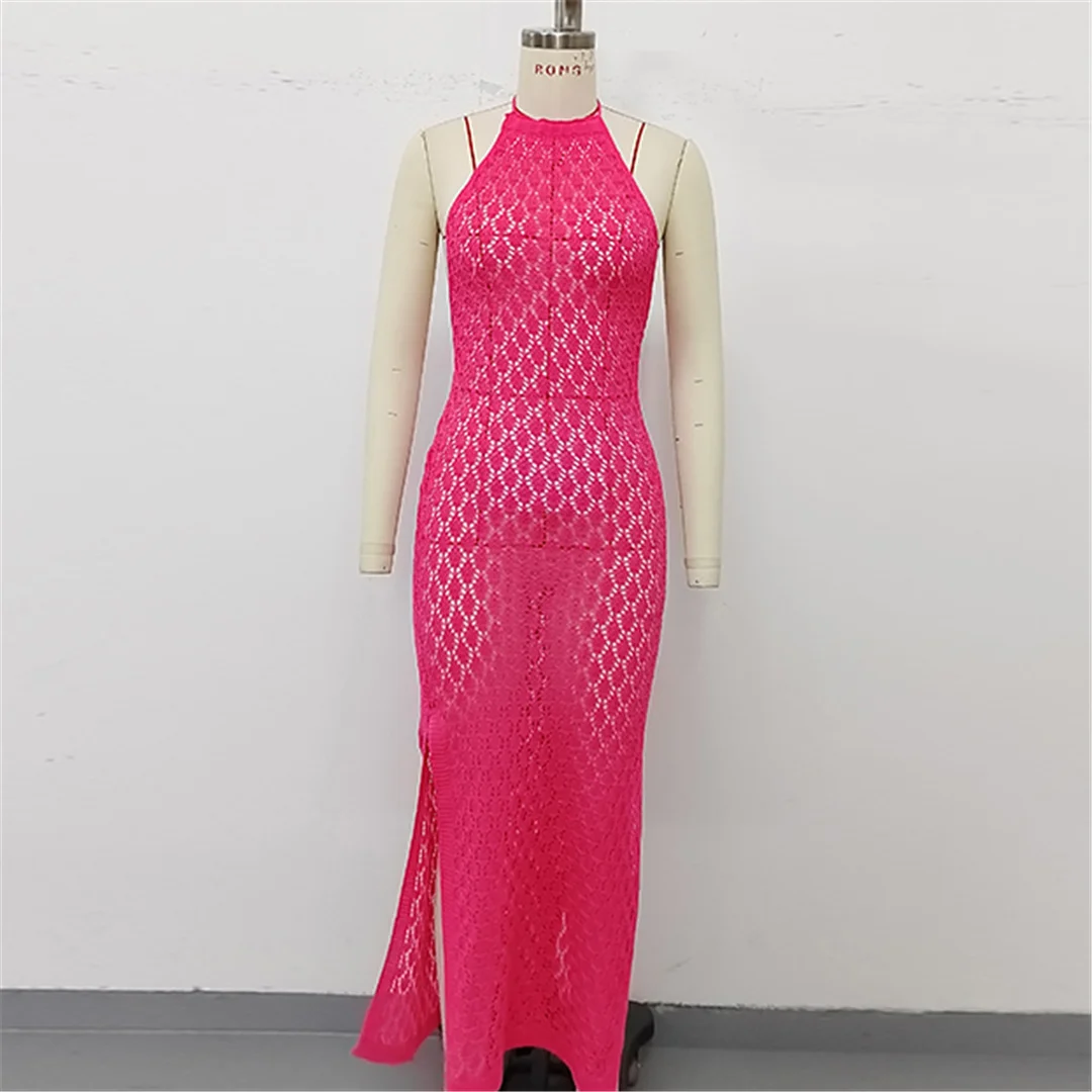 Halterneck, rückenfreies, gehäkeltes, gestricktes Tunika-Strandkleid, Strandkleid, Strandmode, Damen V6718 – Detail 20