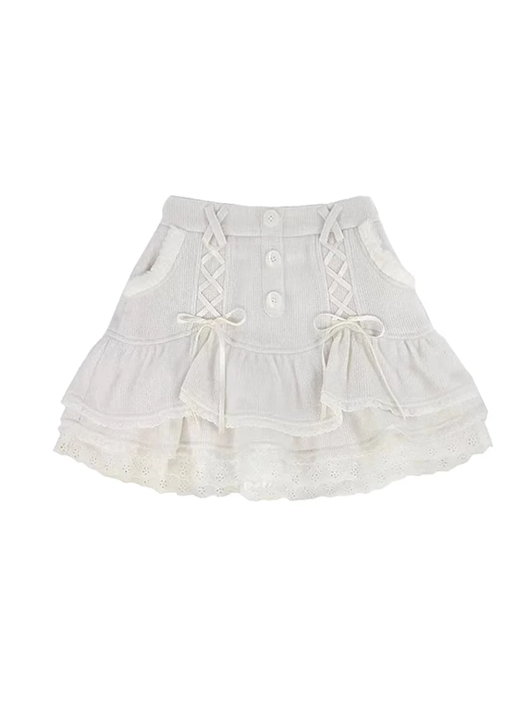 

Women White Lace-up A-line Skirt Vintage Y2k Mini Skirt Harajuku Korean Kawaii Lolita Elegant Skirt 90s Aesthetic 2000s Clothes