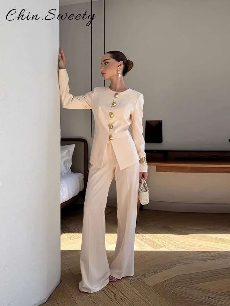 Elegant Women's Solid Pants Sets O-neck Full Sleeve Single Breasted Blazer Straight Wide Leg Pant 2025 Autumn Lady Chic Suit New