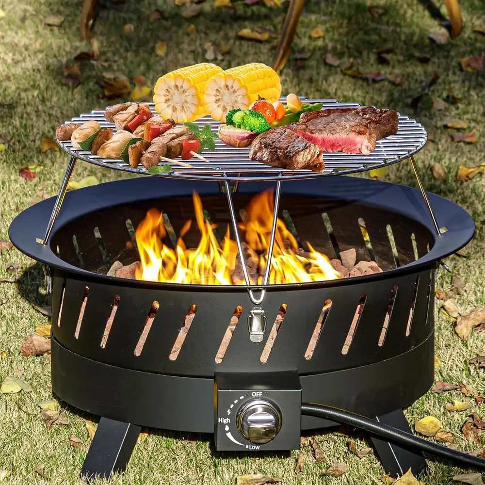 24 Inch Portable Propane Fire Pits with Grill, Gas Fire Pit Bowl, Outdoor with Lid & Handle, Propane Fire or Camping, Patio, Yar