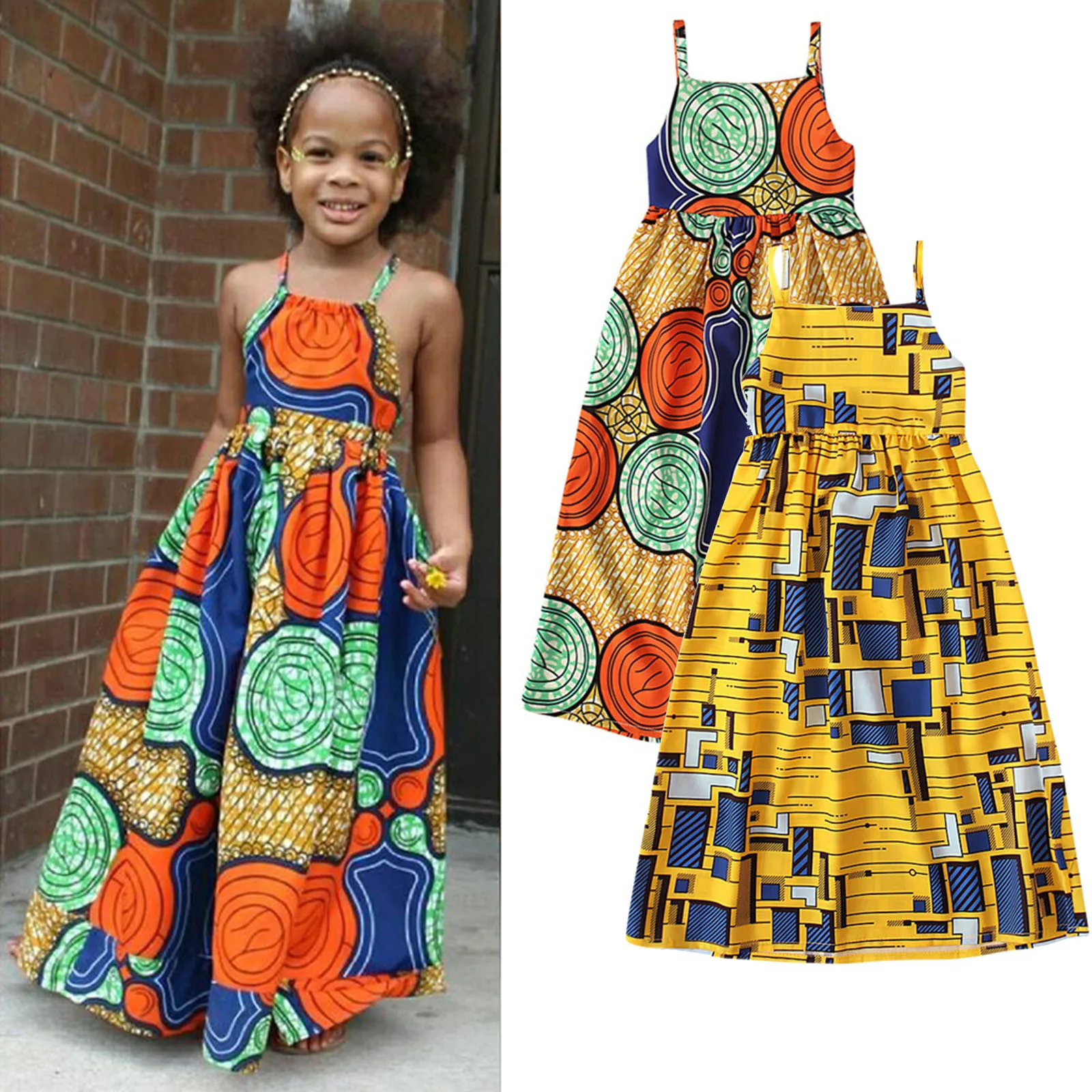 African Dashiki Traditional Style Sleeveless Strap Dress 1-5Y Toddler Kids Baby Girls Ankara Backless Dresses Headband Outfits