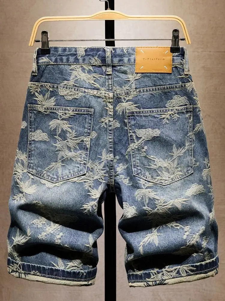 Jacquard Denim Shorts Chinese Style Straight Five-Point Pants Trendy Mid-Length Jeans New Fashion Tide Summer