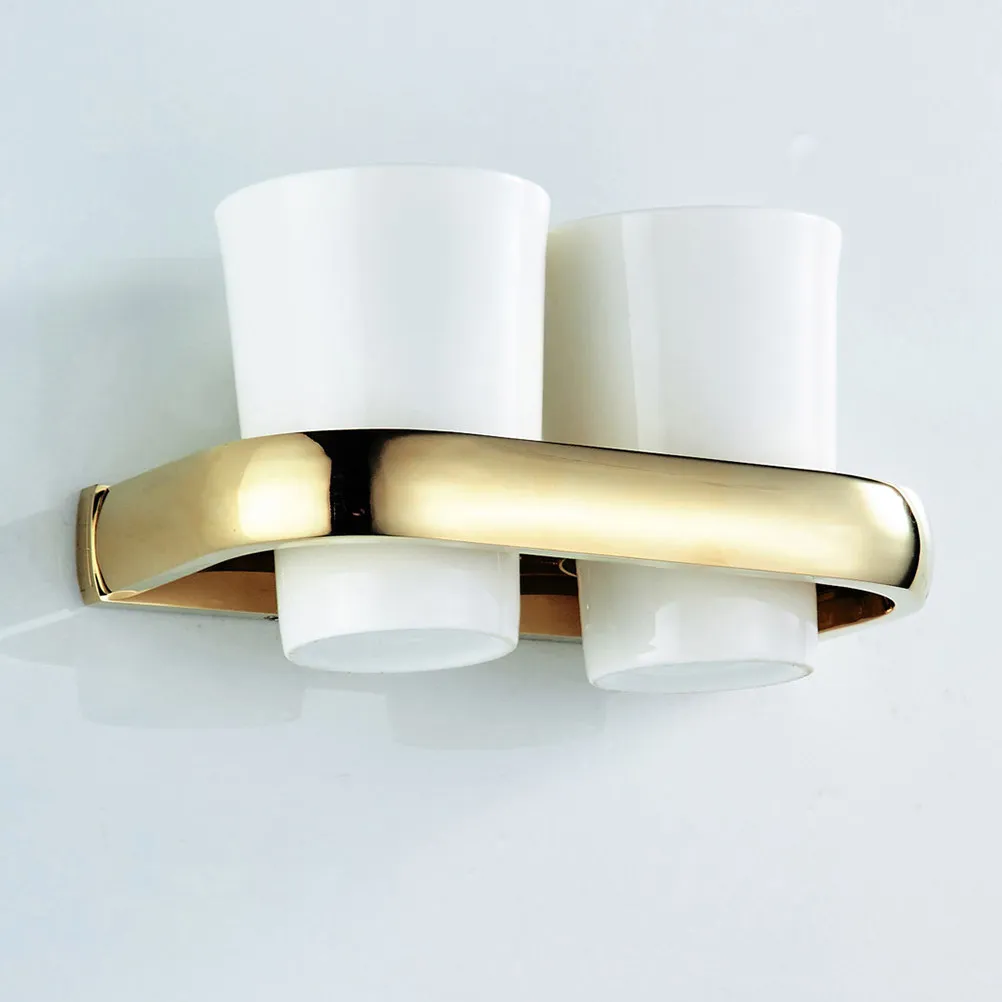 

Toothbrush Cup Holder Brass Wall Mounted Storage Shelf Double Mouth Cup Organizer Golden Plated Bathroom Kitchen Space Saving