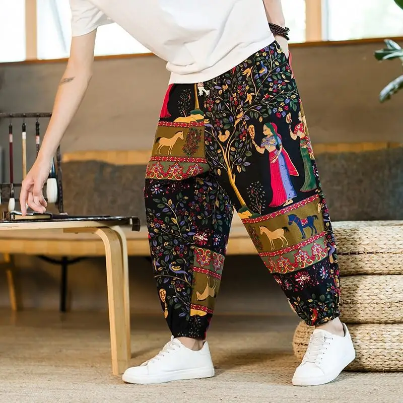 

Men Bohemia Printed Trousers Japanese Harajuku Streetwear Casual Pants Chinese Style Cotton Linen Fashion Bloomers Nepal Bottoms