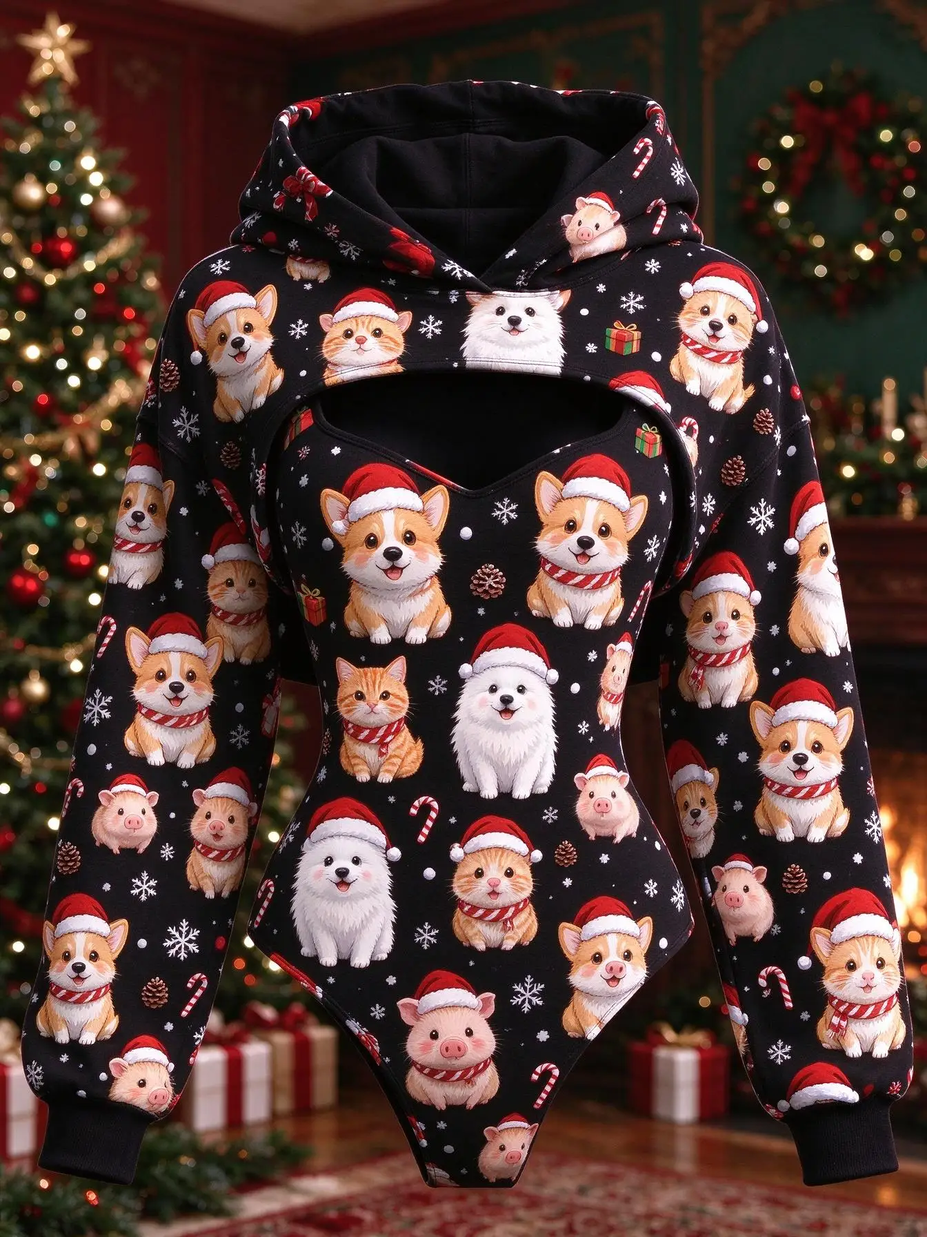 Christmas Women 2 Piece Set Black Cute Corgi Cat Piggy Santa Hat Snow Print Bodysuit & Hooded Shrug Xmas Party Outfit