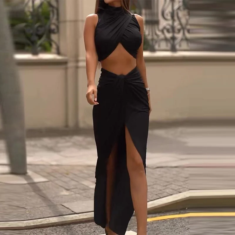 Sexy Crop Tops & High Waist Split Skirt Streetwear Fashion Vest Long Skirt Beach Vacation Suit Elegant Solid Pleated Twist 2PC Set