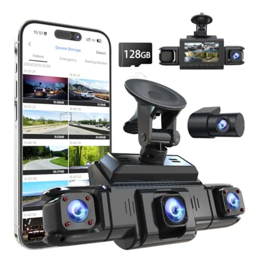 

Car dash cam system with 360 view, 4-channel front/rear/left/right interior recording, GPS, 5G WiFi, night vision, 160 wide ang