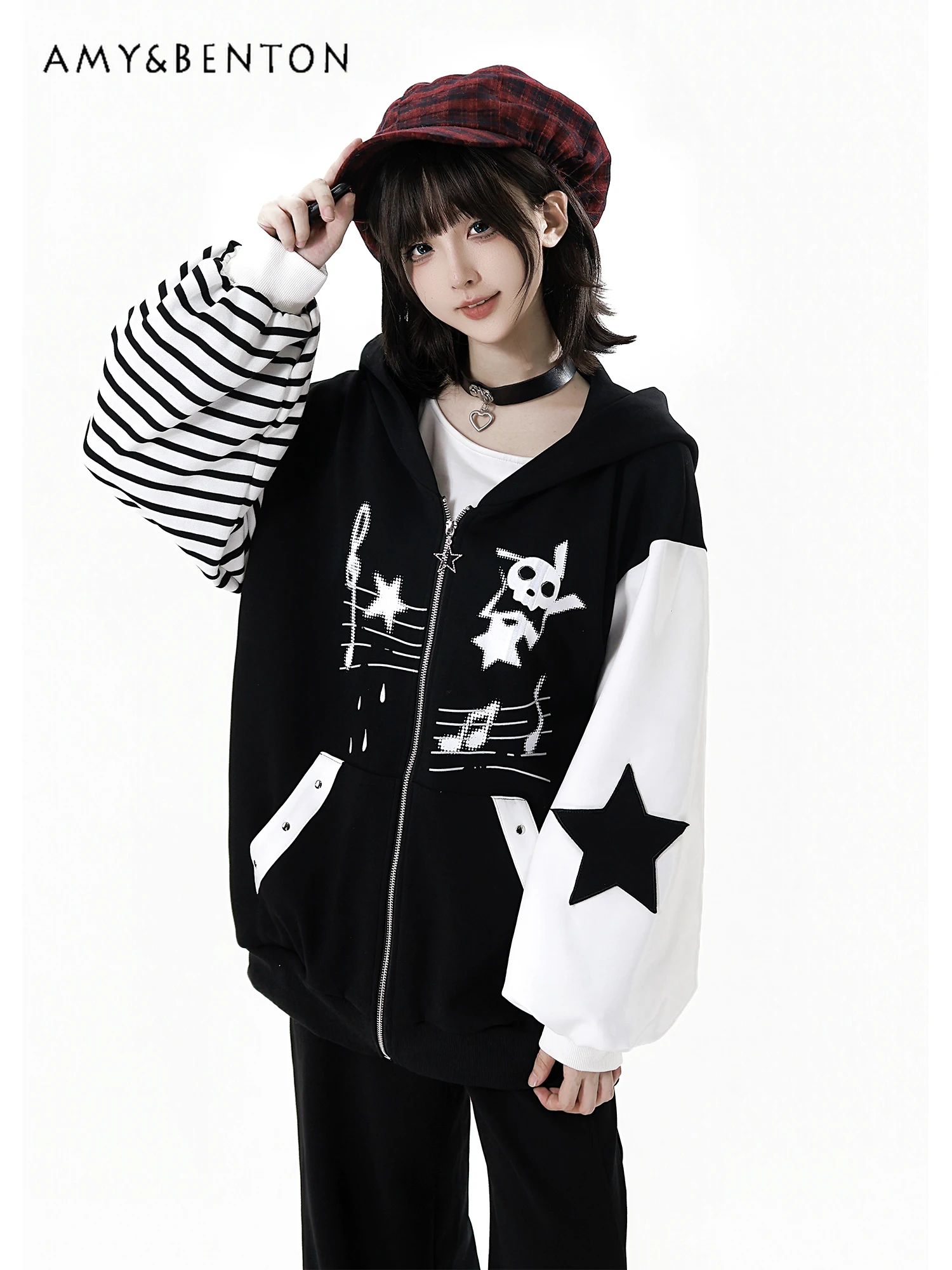 Harajuku estilo punk preto e branco retalhos dos desenhos animados impressão hoodie casual calças compridas estilo universitário roupa de menina quente primavera outono