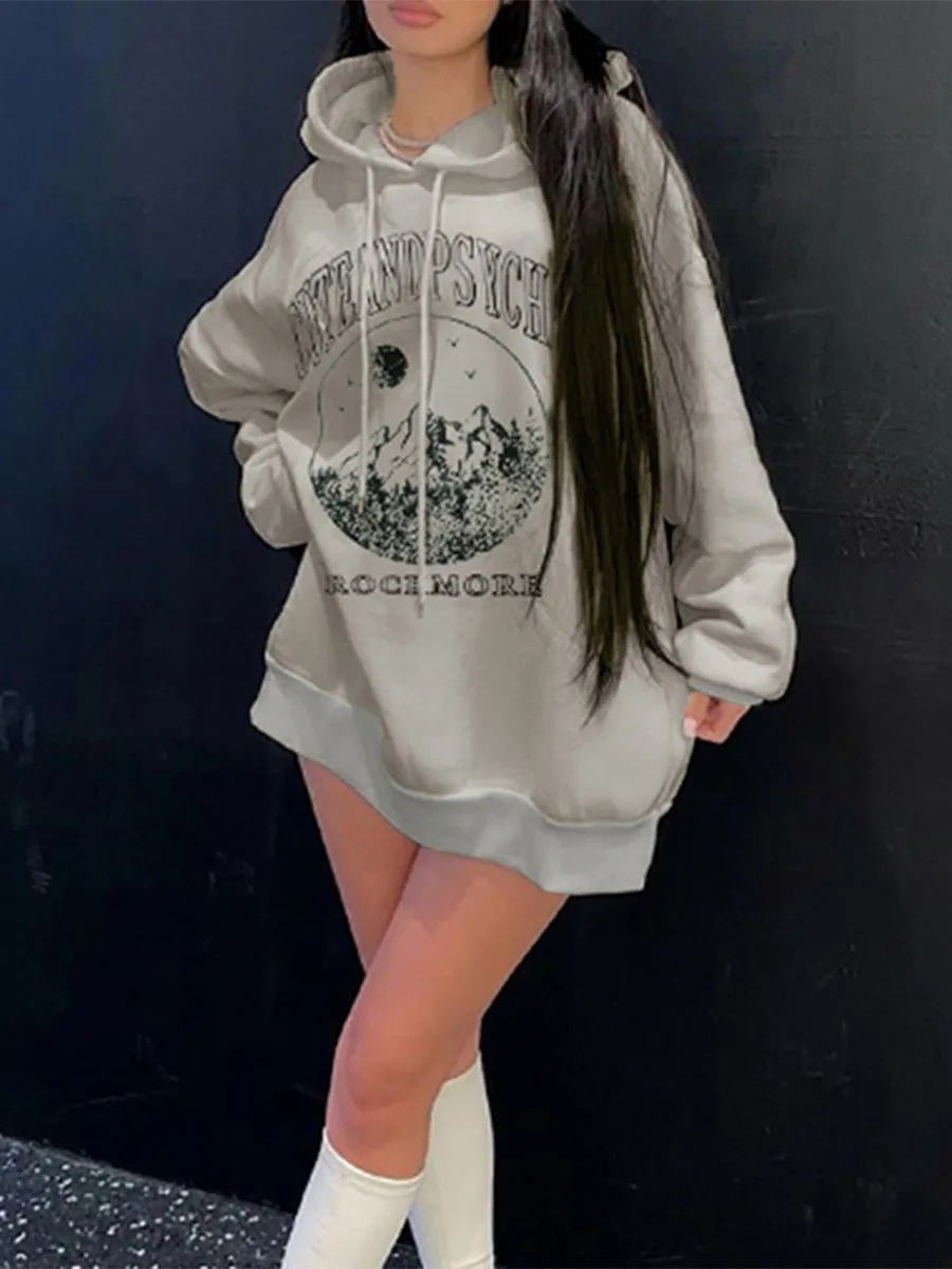 

New Fashion Women Hoodie Long Sleeve Letters Mountain Print Hooded Sweatshirt Pullover Casual Tops Hot Sale S M L