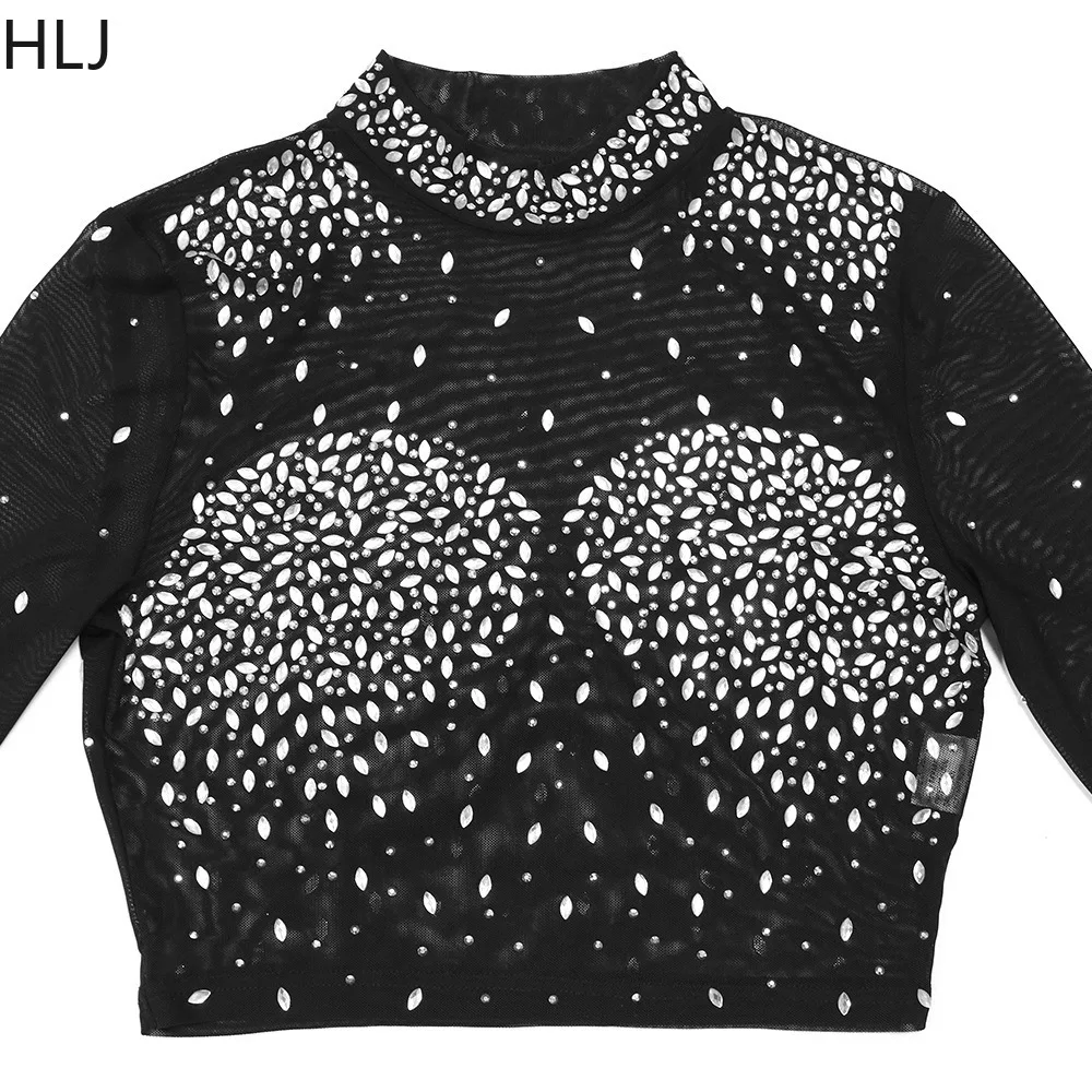 HLJ Fashion Rhinestones Mesh Perspective Two Piece Set Women O Neck Long Sleeve Crop Top And Pants Outfits Sexy Party Club Suits
