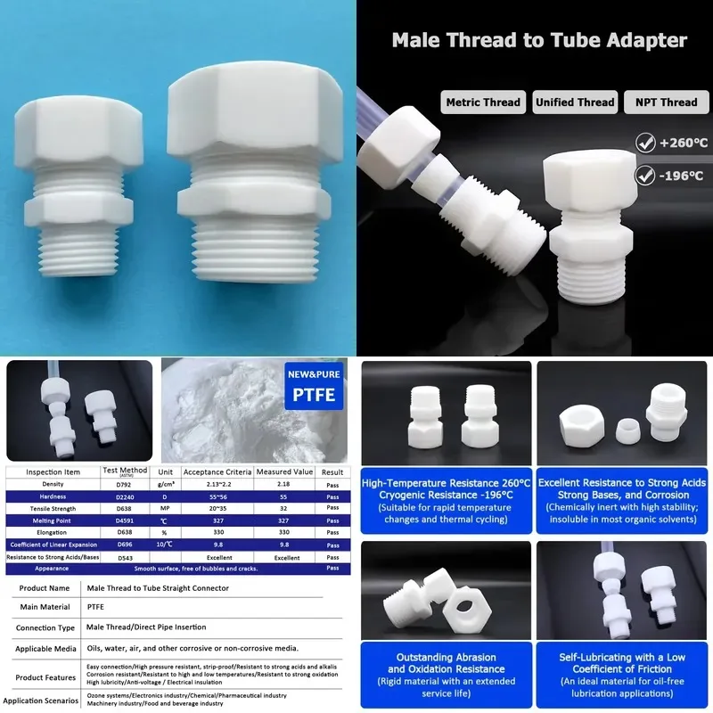 ZDVseal Chemical Laboratory Grade Pure PTFE Male NPT to Tube Adapter Proof Straight Connector Pipe Fitting