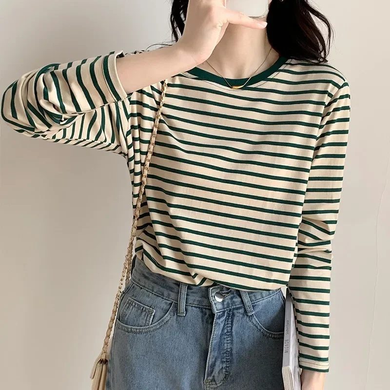 Women New Striped T-shirts Long Sleeve O-neck Contrast Tops Spring Autumn Fashion All-Match Tees Cotton Casual Bottoming Shirts