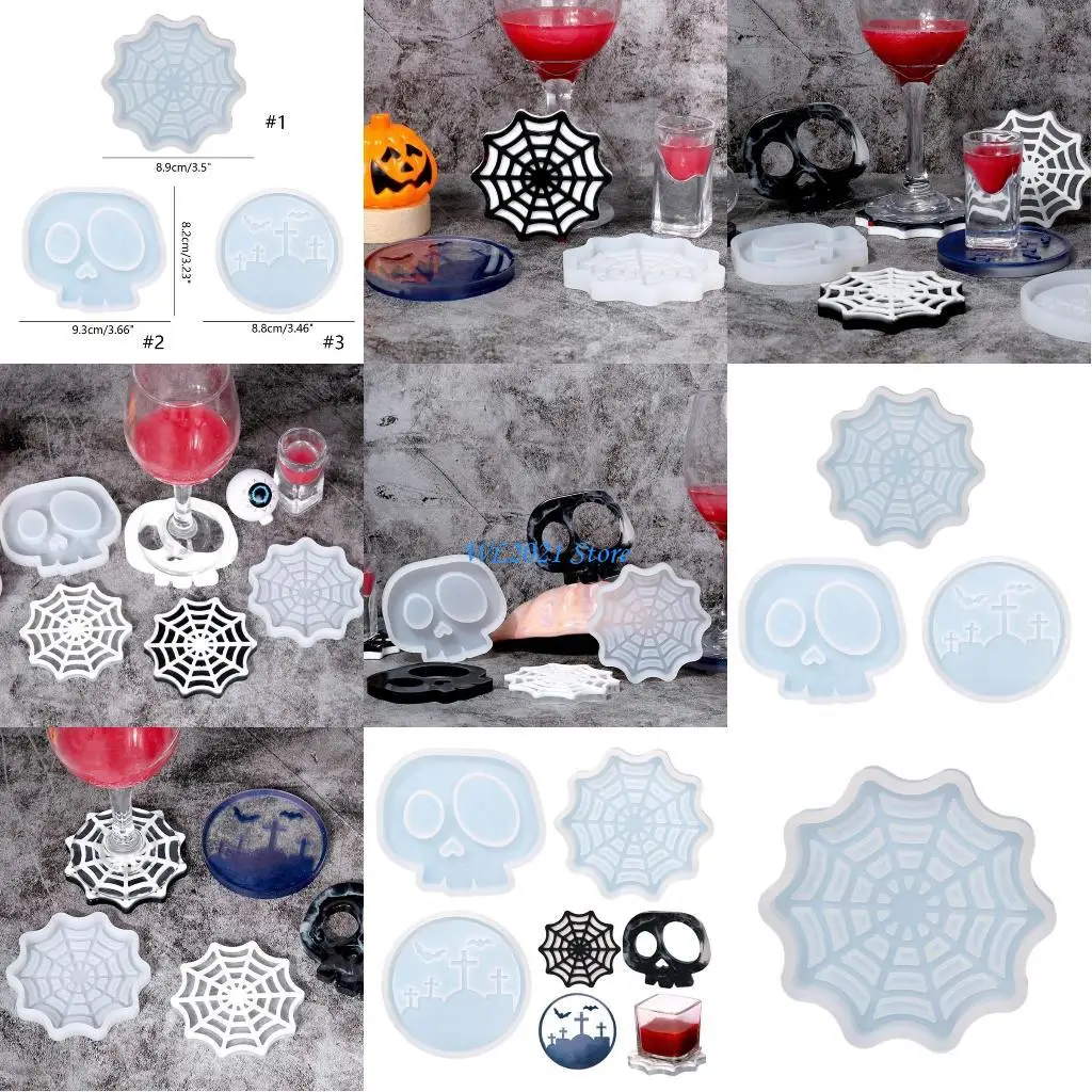 

G5GC Diy Halloween Epoxy Tray Mold Cobweb Skull Graveyard Silicone Mold
