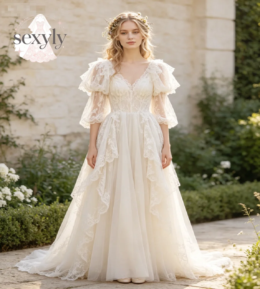 Ivory Boho Wedding Dress 2027 V Neck Puff Sleeve Fairy Elf Bohemian Bridal Gowns Ruffled Tulle A Line Celtic Garden Elopement