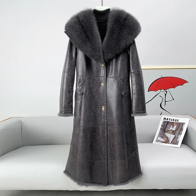 Autumn And Winter Big Fur Collar Solid Color Leather Women Plus Velvet Thickening In The Long Korean Version Of The Slim Waist