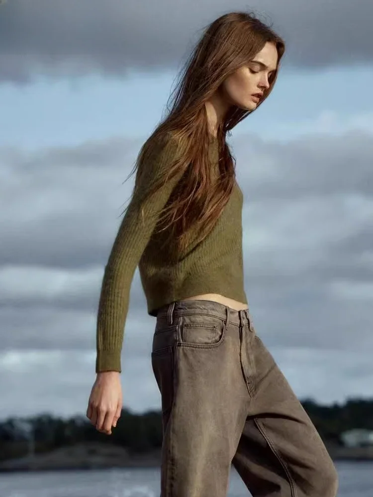 

Autumn Winter Women's Knitted Long Sve V-Ne Mixed Wool Blend Ribbed Neline Top Korean Sle Casual Loose Fit