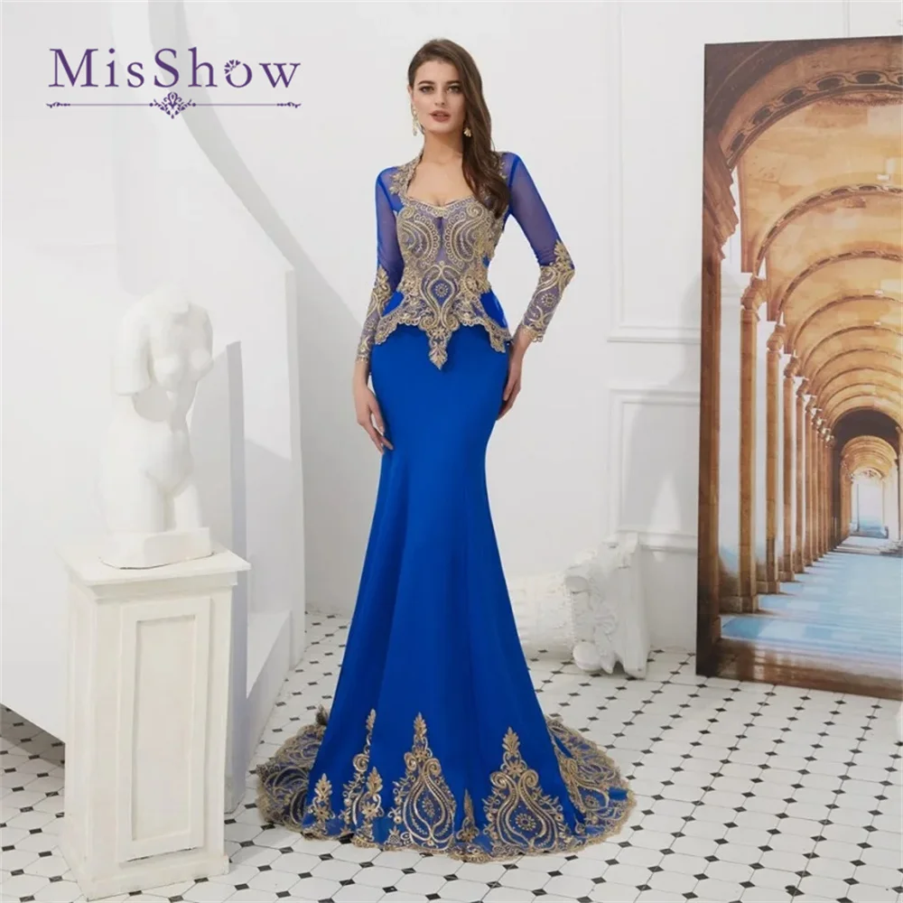 MisShow Gold Embroidery Mermaid Evening Dresses with Detachable Cape Long Sleeve Tulle Arabic Formal Prom Party Gowns Women