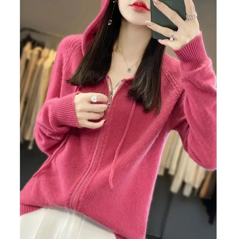 

Women Autumn Winter Wool Blend Sweater Hooded Collar Thicken Knitted Zipper Cardigan With Pocket Basis ​Top Female Coat XQ309