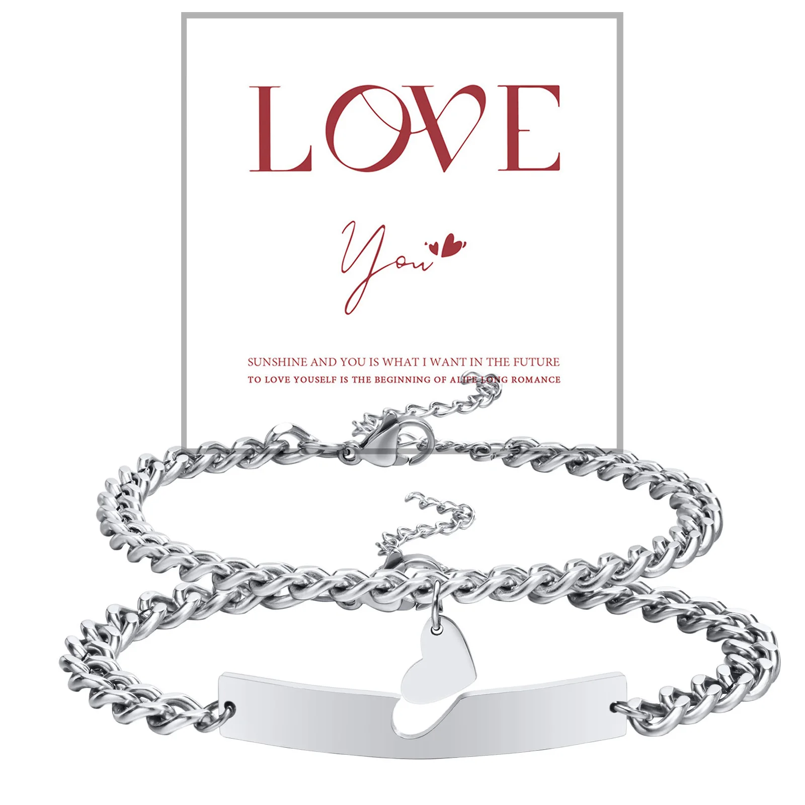 Couple Bracelet for Men Women,Stainless Steel Chain Link Wristband Adjustable,Valentine's Day Anniversary Gifts with Cards