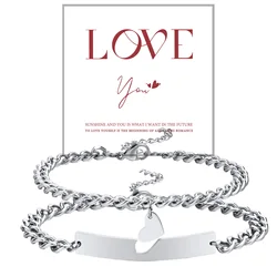 Couple Bracelet for Men Women,Stainless Steel Chain Link Wristband Adjustable,Valentine's Day Anniversary Gifts with Cards