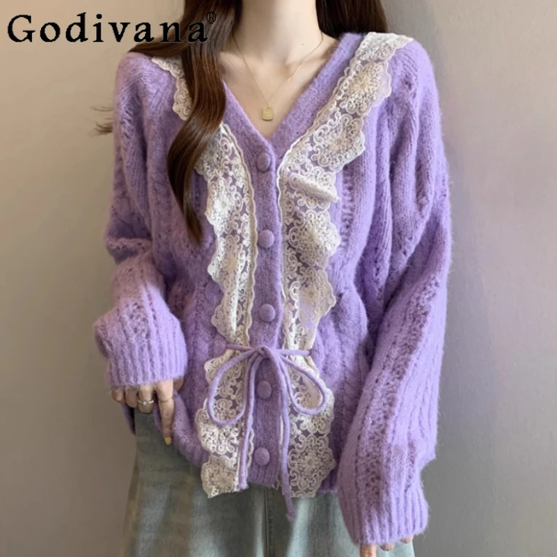 

Women Unique Autumn Winter Large Size Purple Sweet Ruffles Sweater Sweet V-Neck Fashion Loose Age Reduction Long Sleeve Tops