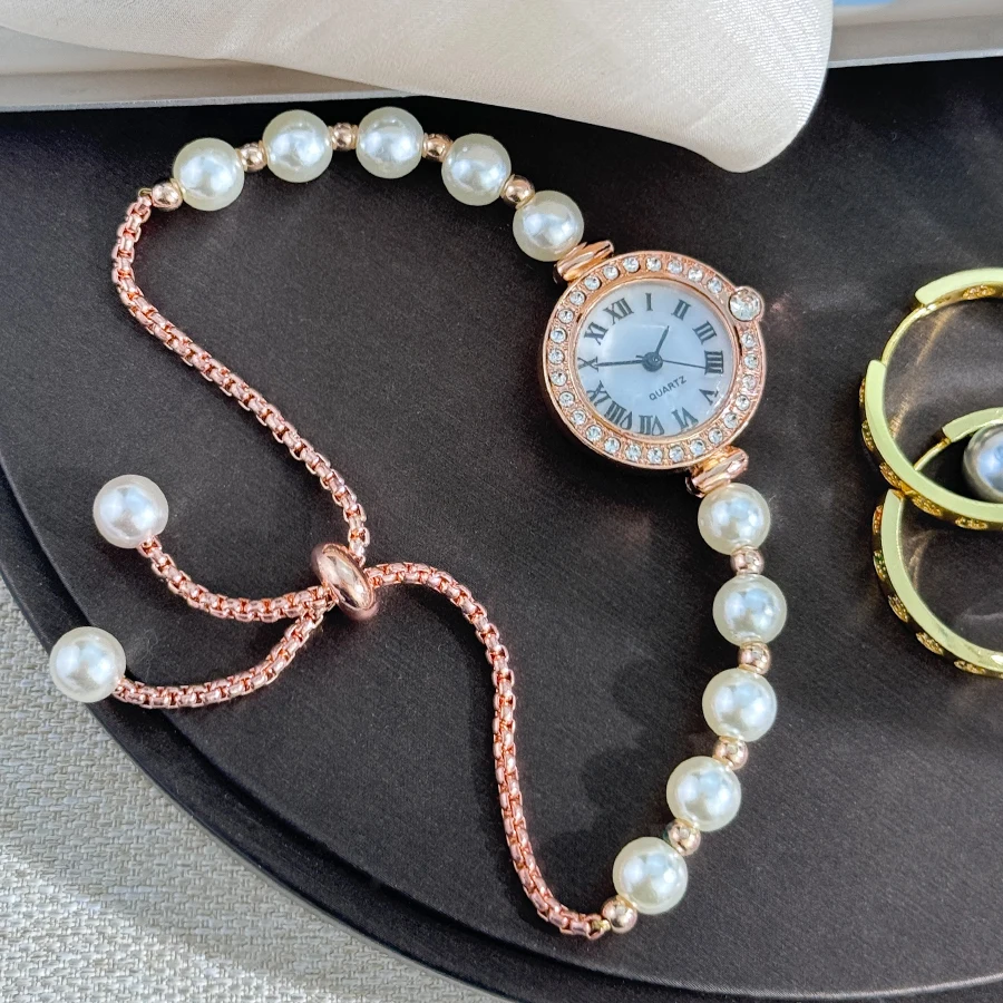 Ladies' diamond-encrusted Roman numeral dial white bead bracelet,fashionable versatile small exquisite quartz watch for women