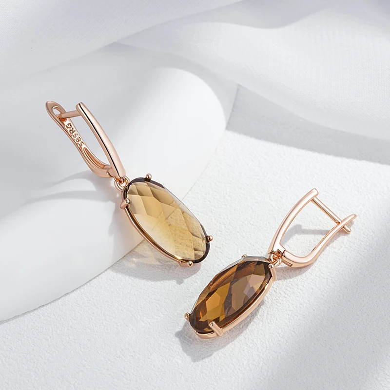 Kinel Fashion Big Oval Light Brown Natural Zircon English Earrings Women Simple 585 Rose Gold Color High Quality Daily Jewelry