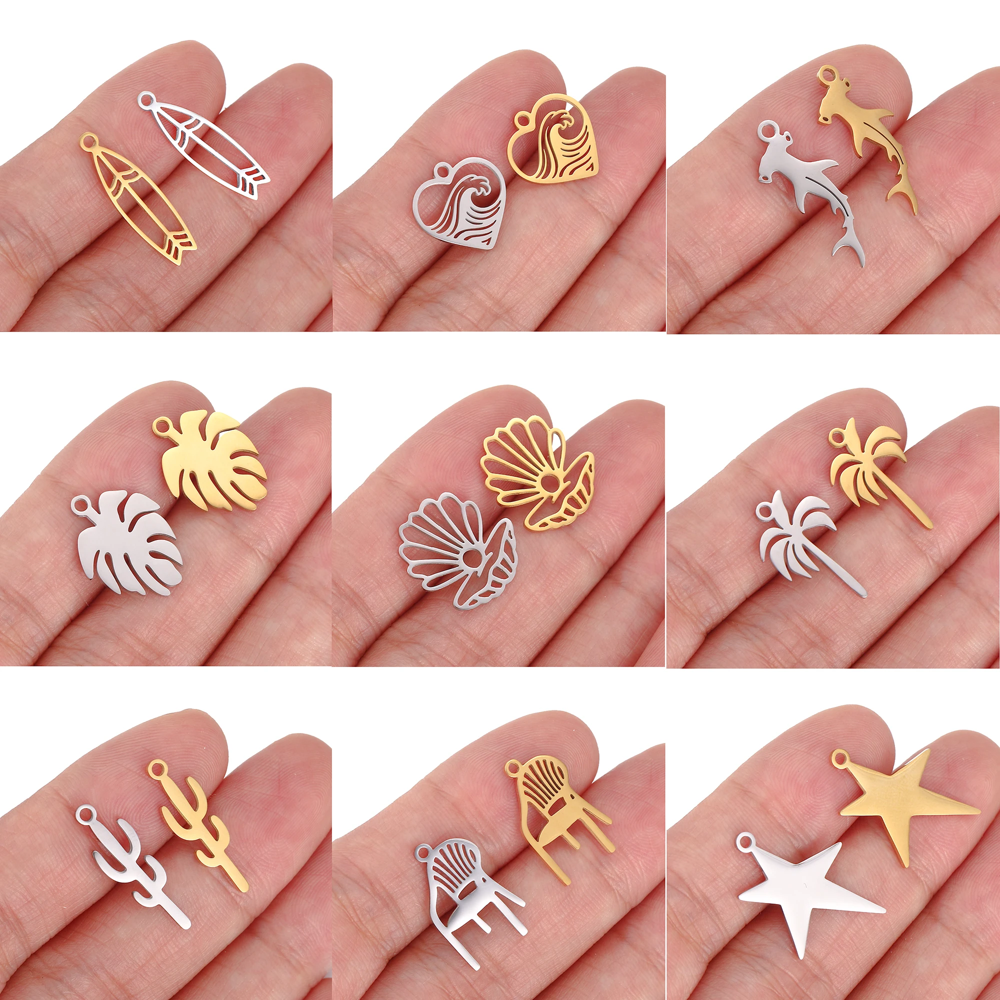 5Pcs Surfboard/Heart Waves/Coconut Palm Charms Stainless Steel Ocean Animal Cactus Pendant DIY Bracelet Necklaces Jewelry Making