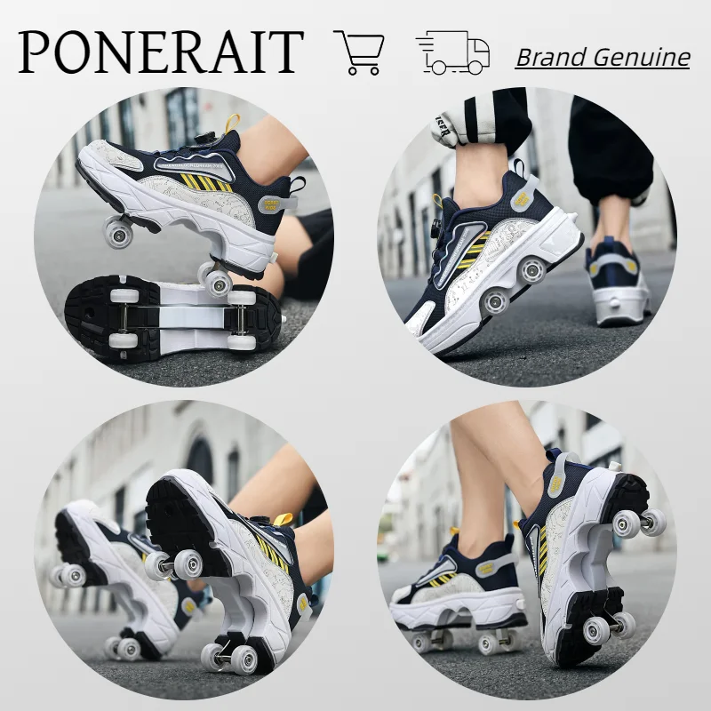 PONERAIT Roller Skate Shoe Retractable One Click Folding Double-Row Deform Dual-Use Sneaker Multi-functional Walk Sport Shoe