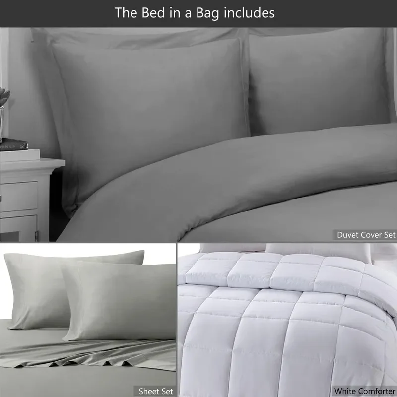 8 Pieces Bed in a Bag Set California King Size Viscose from Bamboo Solid Grey Sheet Set Duvet Cover Set White Down