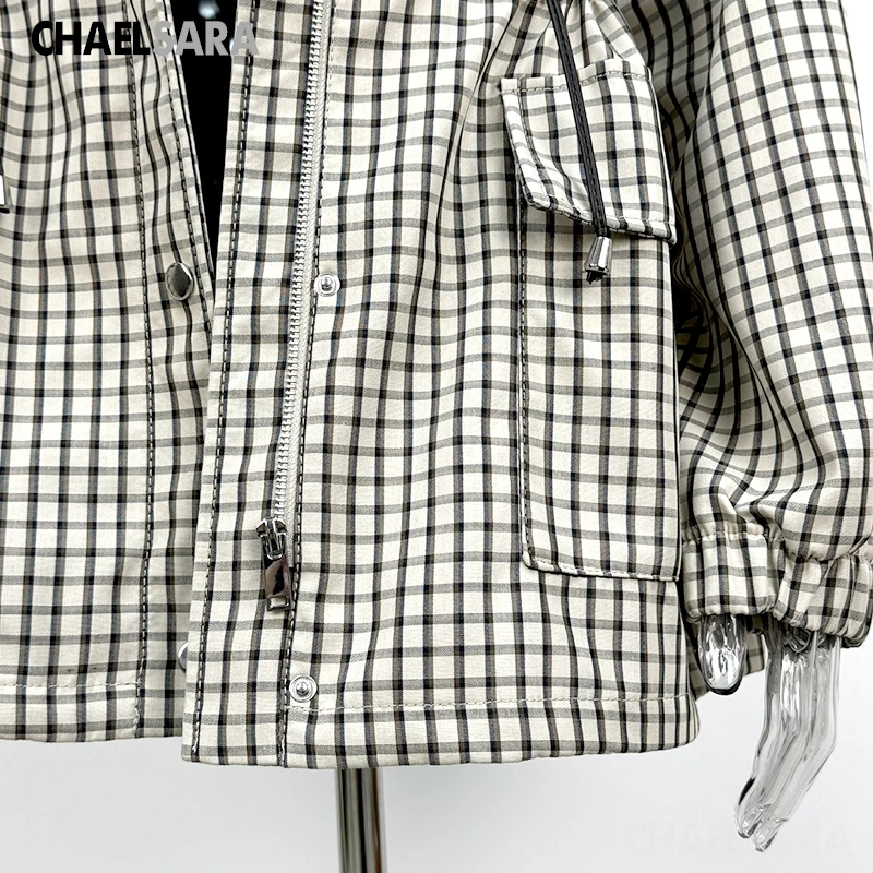 Women's Plaid Stand Collar Loose Jacket - Single Breasted Coat