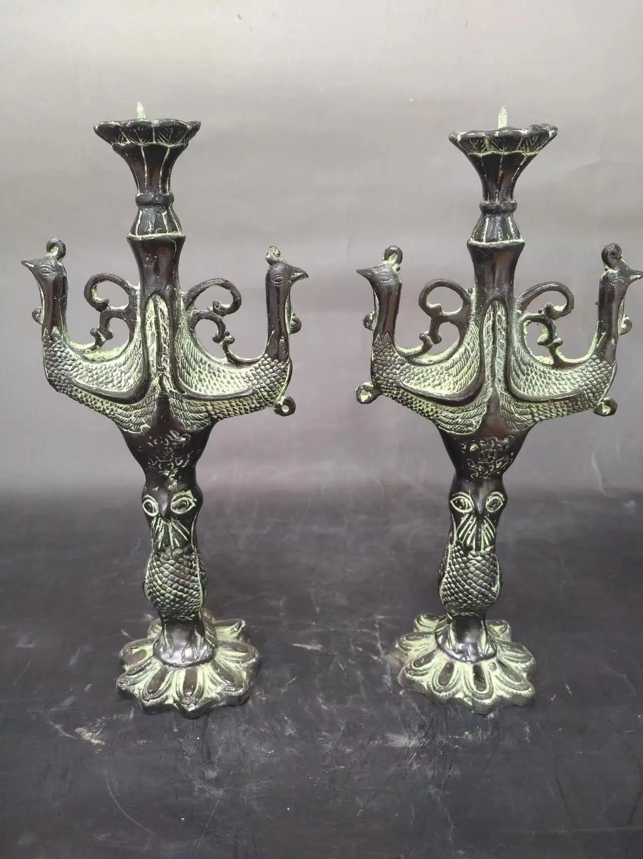 Rare old Chinese Han Dyansty(25--186) bonze Wax table statue,A Pair,Free shipping