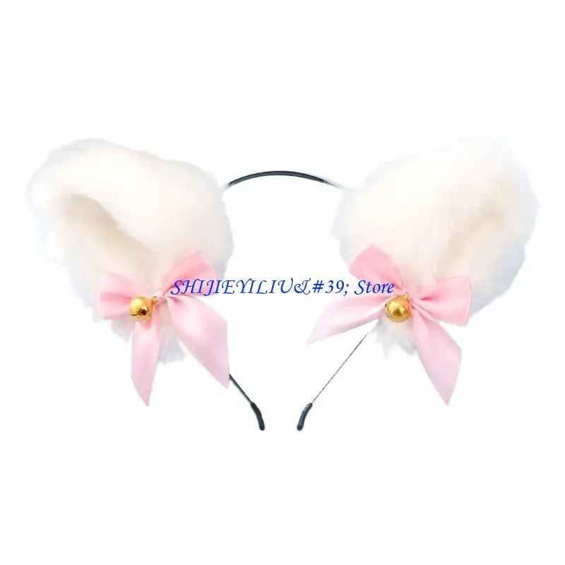 E21F Women Anime Headband Furry Plush Cats Ears Hair Hoop with Bowknot Bells