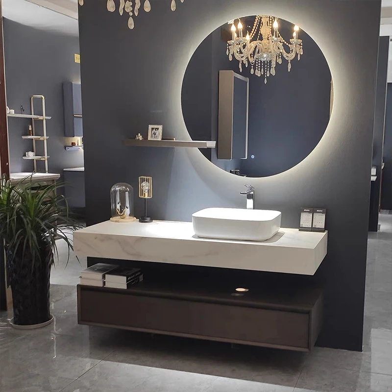 Modern luxury bathroom cabinet with rock plate, solid wood washbasin, combined bathroom wall-mounted washstand and basin.