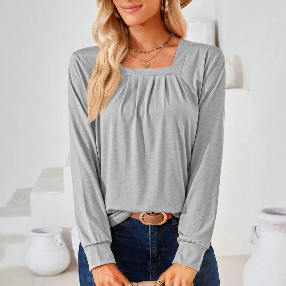 

Autumn Top Square Neck Women Top Stylish Women's Square Neck Pleated Long Sleeve Blouse Soft Casual Pullover Lady Mid Length Top