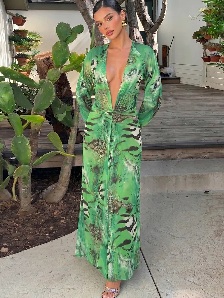 Woman Tiger Stripe Print Deep V-neck Dress Sexy Backless Long Sleeve Dresses 2026 Summer Vacation Beach Party Elegant Vestidos
