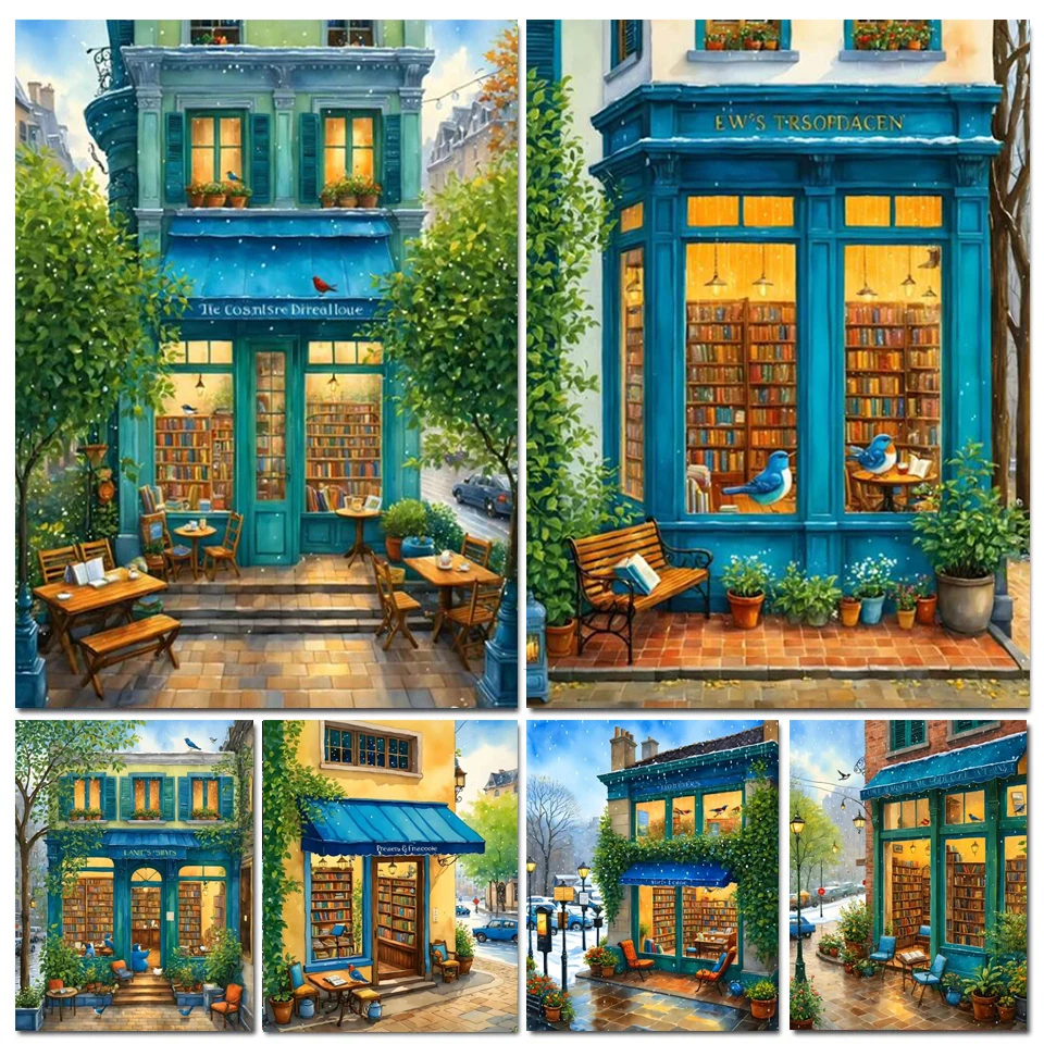 5D DIY Diamond Painting New Street Corner Book Store Bird Scenery Full Rhinestone Cross Stitch Mosaic Embroidery Warm Decor W462