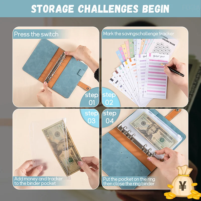 100 วันประหยัดเงินซองจดหมายท้าทาย Binder Savings Book โน้ตบุ๊คหลวมโปร่งใส Binder Cash Budget Organizer