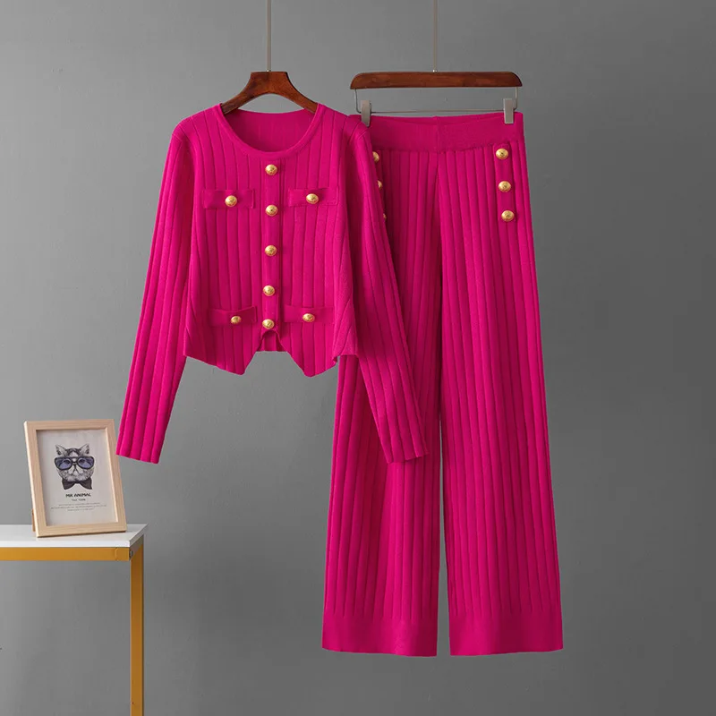 Outono e inverno novo temperamento de viagem duas peças malhas femininas moda magro topo versátil calças retas