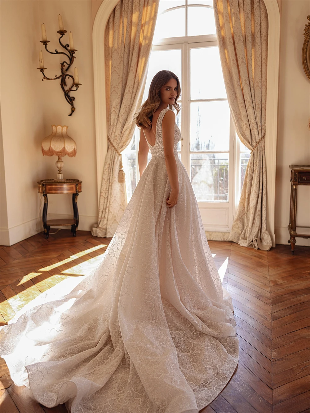 فستان زفاف أورجانزا مثير عاجي مخصص رسمي على شكل حرف v بدون أكمام رداء de mariée حالمة على شكل حرف a ذيل محكمة فيستدو دي نوفيا #1