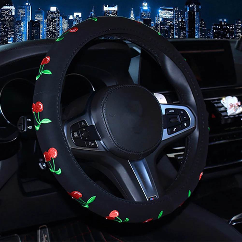 

Steering Wheel Cover Cherry Embroidery For Women Comfort Grip Car Styling Auto Decoration Interior Protection