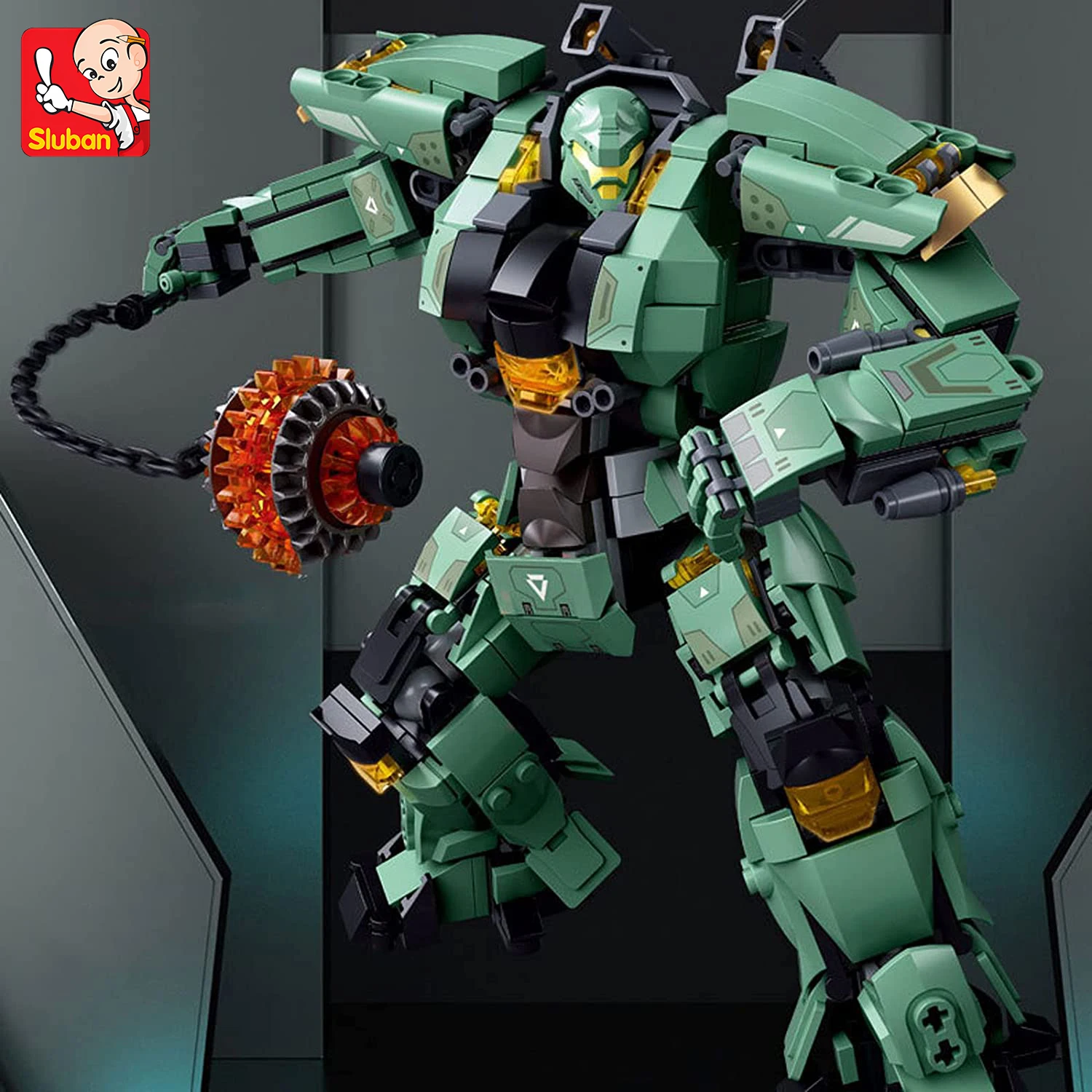 542pcs Sluban Green Warrior Robot With Chain Hammer Building Blocks Toys, Robot Battle Armor Assembling Educational Toys(No Box)