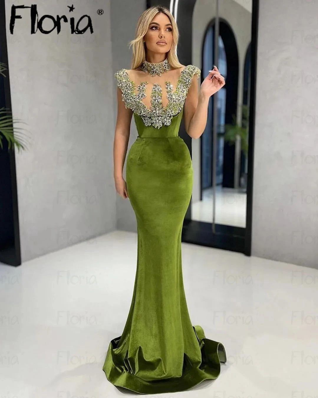 Vestido de noche de terciopelo hecho a mano con cuentas verdes y cristales, cuello transparente, sirena, para ocasiones especiales, verde salvia, 2024