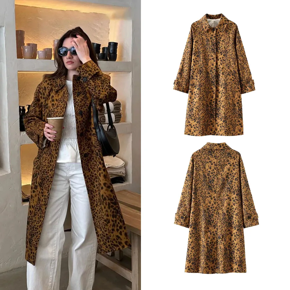 PRINTKAOIR 2024 Autumn Leopard Print Women Oversize Trench Long Sleeve Mid Length Loose Jacket Female Coat Streetwear Y2K