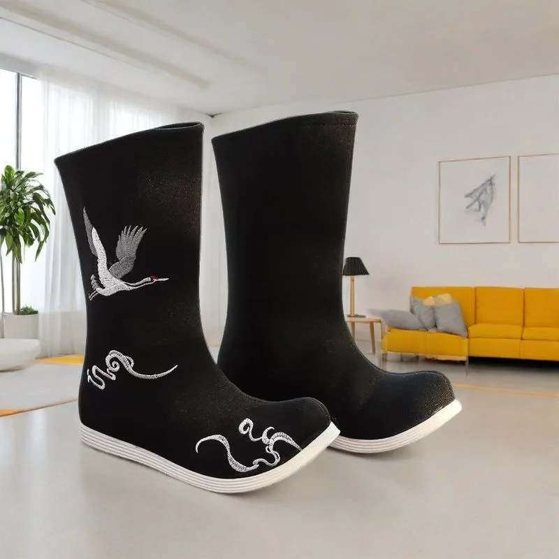 Black Waterproof Chinese Hanfu Boots Ancient Kung Fu Shoes Old Dynasty Warrior Cosplay Qiaotou Boots Unisex